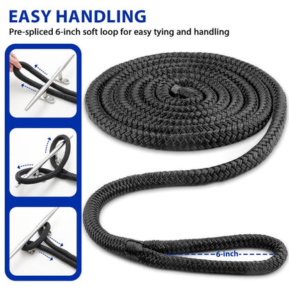 HOKINETY Boat Dock Fender Lines - 1/2" x 10ft Marine Rope with Pre-Spliced 6" Loop Double Braided Nylon Ropes Bumper Tie Mooring Line for Boats Docking Pontoon Boating Accessories - 4 Pack Black