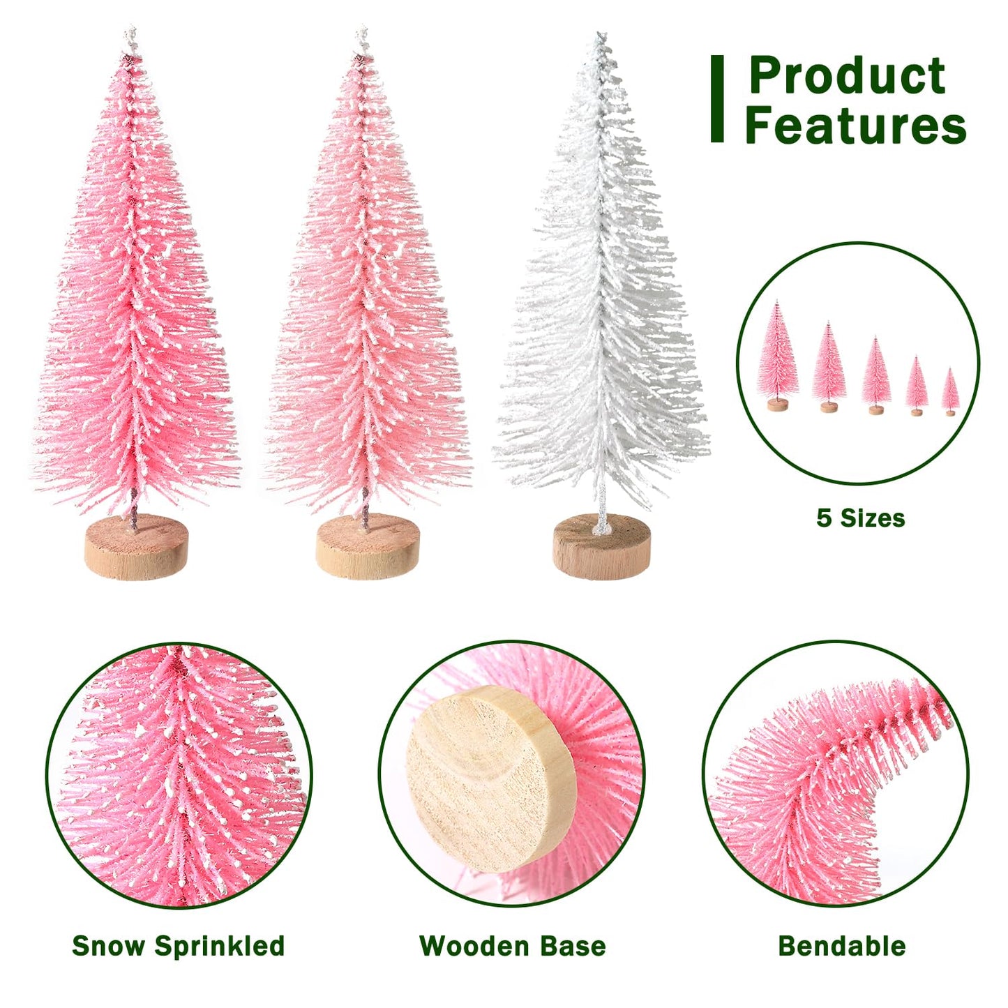 30Pcs Mini Christmas Trees Artificial Christmas Tree Bottle Brush Trees with Wooden Base for Christmas Decor Christmas Party Home Table Craft Decorations(Pink+White)