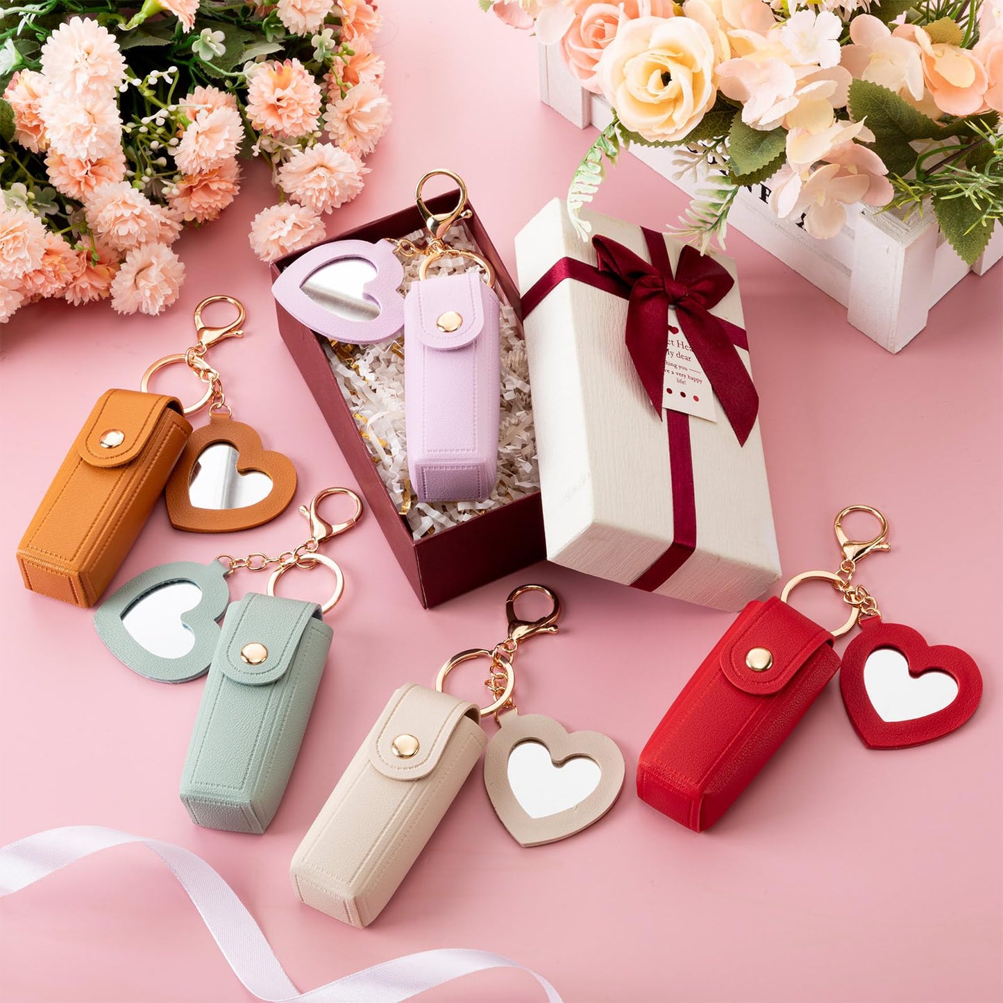 Syhood 10 Pcs Lipstick Holder Keychain Gift PU Portable Holder Gift with Heart Mirror Waterproof Makeup Lipstick Bag Key Pockets Zipper Pouch Card for Mothers Day Pouch(Novel)