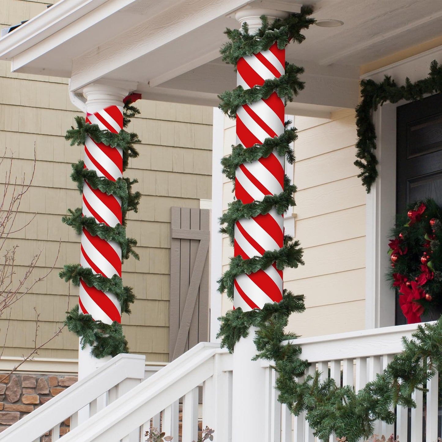 Suncalla 2 Pack Christmas Candy Cane Design Column Wraps 108 x 54 Inch Candy Cane Striped Disposable Porch Column Wraps with 1 Roll Tape Striped Pillar Cover for Fall Halloween Xmas Decor