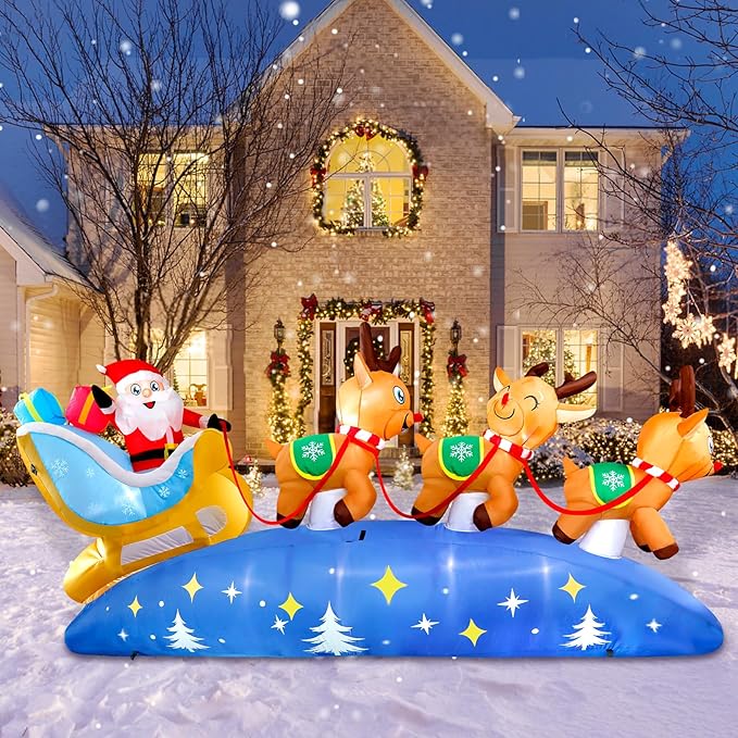 9.5FT Christmas Inflatables Outdoor Decorations Santa Claus on Sleigh with 3 Reindeer Christmas Blow ups Built in LED Lights Inflatable Christmas Decorations for Holiday Garden Lawn