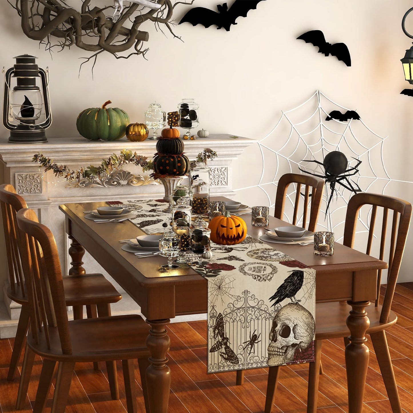 Retro Halloween Table Runner Halloween Gothic Skull Tablecloth Day of The Dead Roses Skull Decor Halloween Decorations and Supplies for Home Kitchen Table-13×108’’