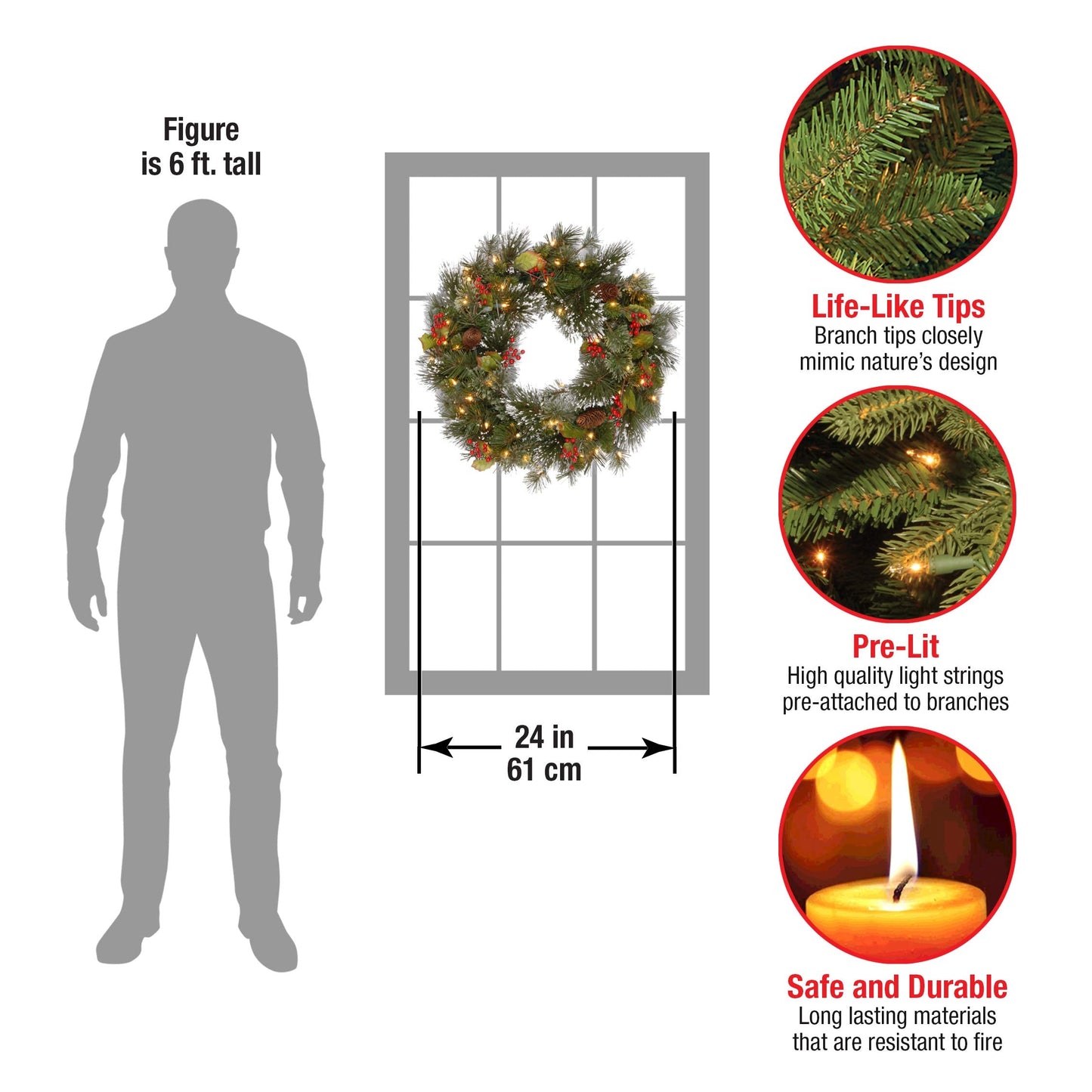 National Tree Company 24 in Pre-Lit Wintry Pine Flocked Artificial Christmas Wreath, Christmas Decoration with Pinecones, Red Berries, 50 Clear LED Lights, 113 Tips, Timer, Green