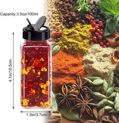 24 Pack 3.5 oz Square Plastic Spice Jars,Seasoning Containers with Black Screw Lids to Pour or Shake,Empty Storage Spice Containers for Spice,Powders,Peppers