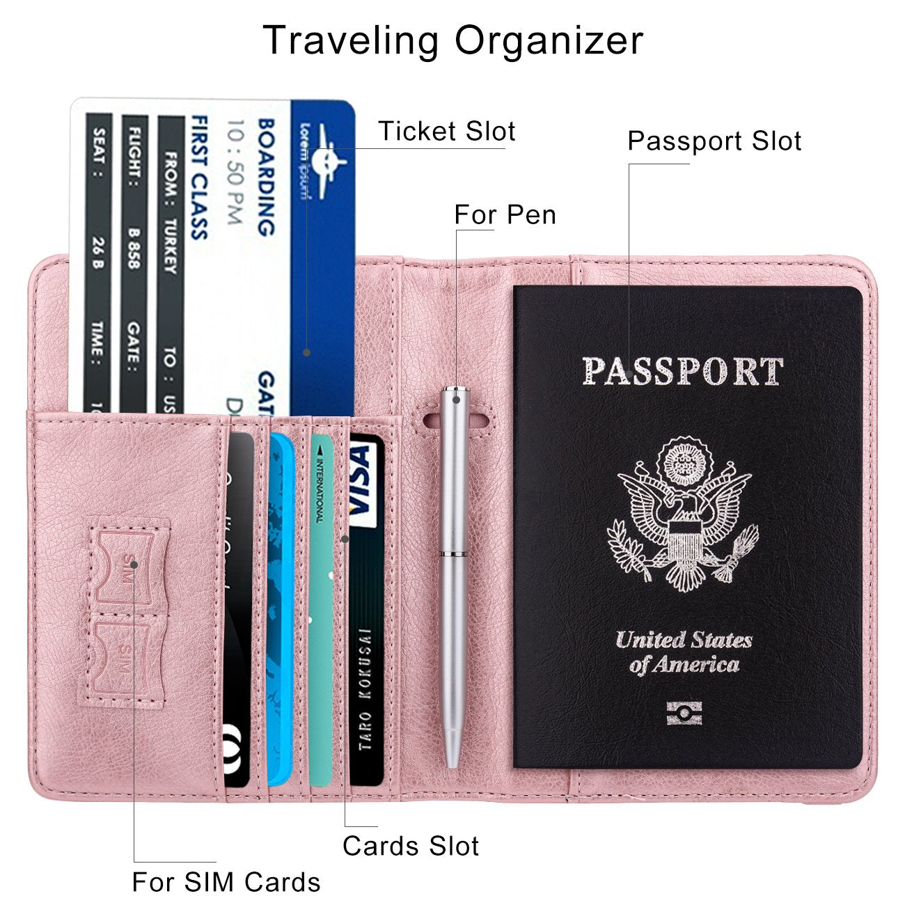 WALNEW Passport Holder for Travel, RFID Passport Cover Wallet for Women Men, PU Leather Passport Book Card Holder Case with Pen (Elastic Band Closure, AA-Brown+Rosegold)