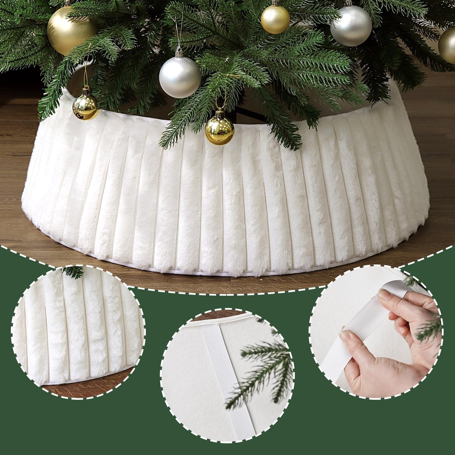 Bunny Chorus Christmas Tree Collar, Rustic White Luxury Plush Faux Fur Tree Collar with Stripe Textured Pattern, Soft Fluffy Xmas Tree Ring Boho Tree Skirt for Holiday Decorations Indoor Home Decor