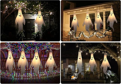 Halloween-Decorations-Outdoor Hanging-Ghost Windsocks for Trees with Timer, LED Ghosts to Hang in Tree Porch Yard, Waterproof, Timer, 4 Pcs (No Batteries)