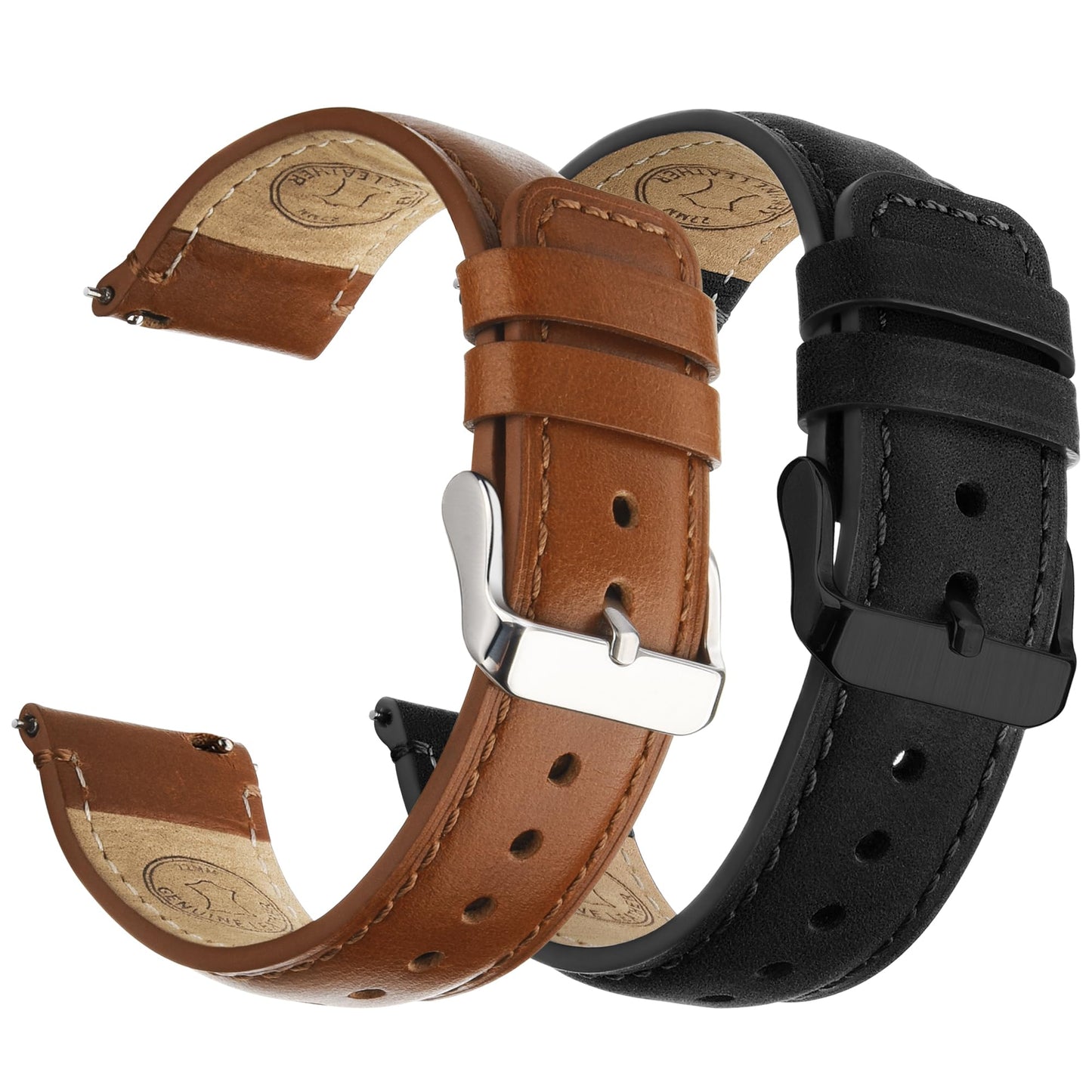 Fullmosa 18mm 20mm 22mm 24mm Leather Watch Bands, 2 Pack Soft Quick Release Watch Strap Compatible with Garmin Vivoactive 5/6/4/3, Venu 4/3S/2S, Samsung Galaxy Fossil Amazfit for Men Women,20mm Toffee Brown&Silver/Black&Black
