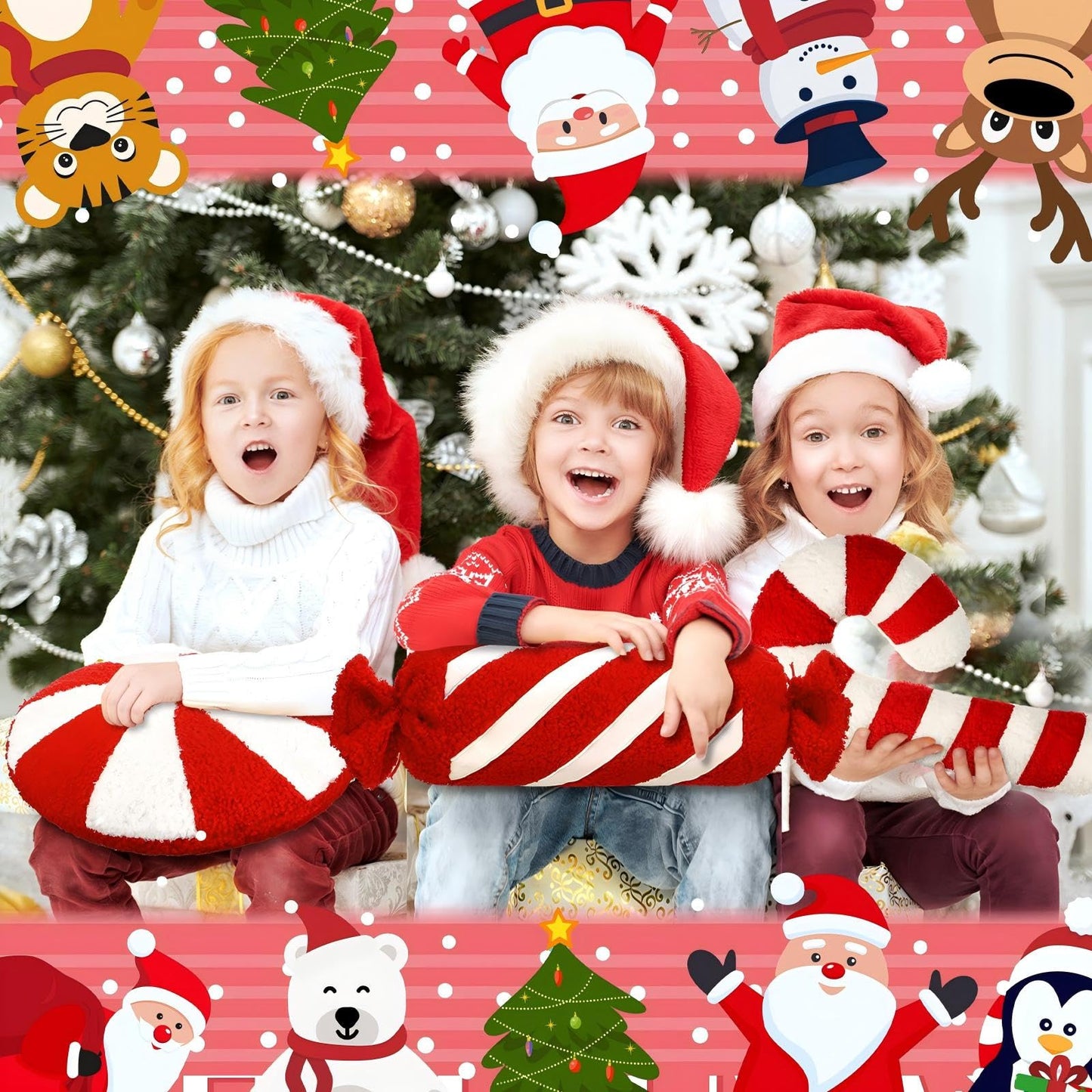 Anglechic 3 Pcs Christmas Pillows Decorative Throw Pillows Candy Merry Christmas Tree Stuffed Wool Soft Xmas Plush Cushion for Sofa Couch Bedroom Living Room(Red)