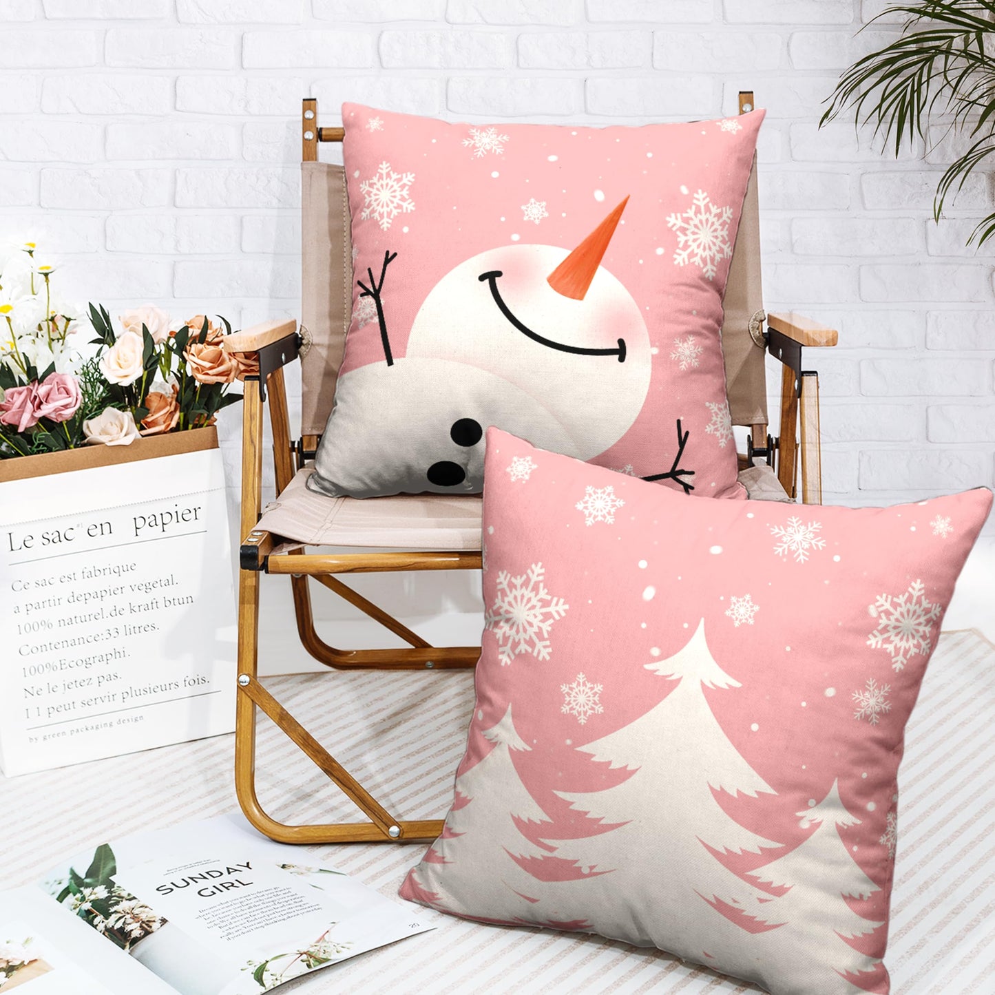 Kwlegh Pink Snowman Pillow Covers 18x18 Christmas Tree with Snowflakes Throw Pillow Covers Pillow Case Winter Holiday Cushion Case for Living Room Couch Bedroom Set of 2