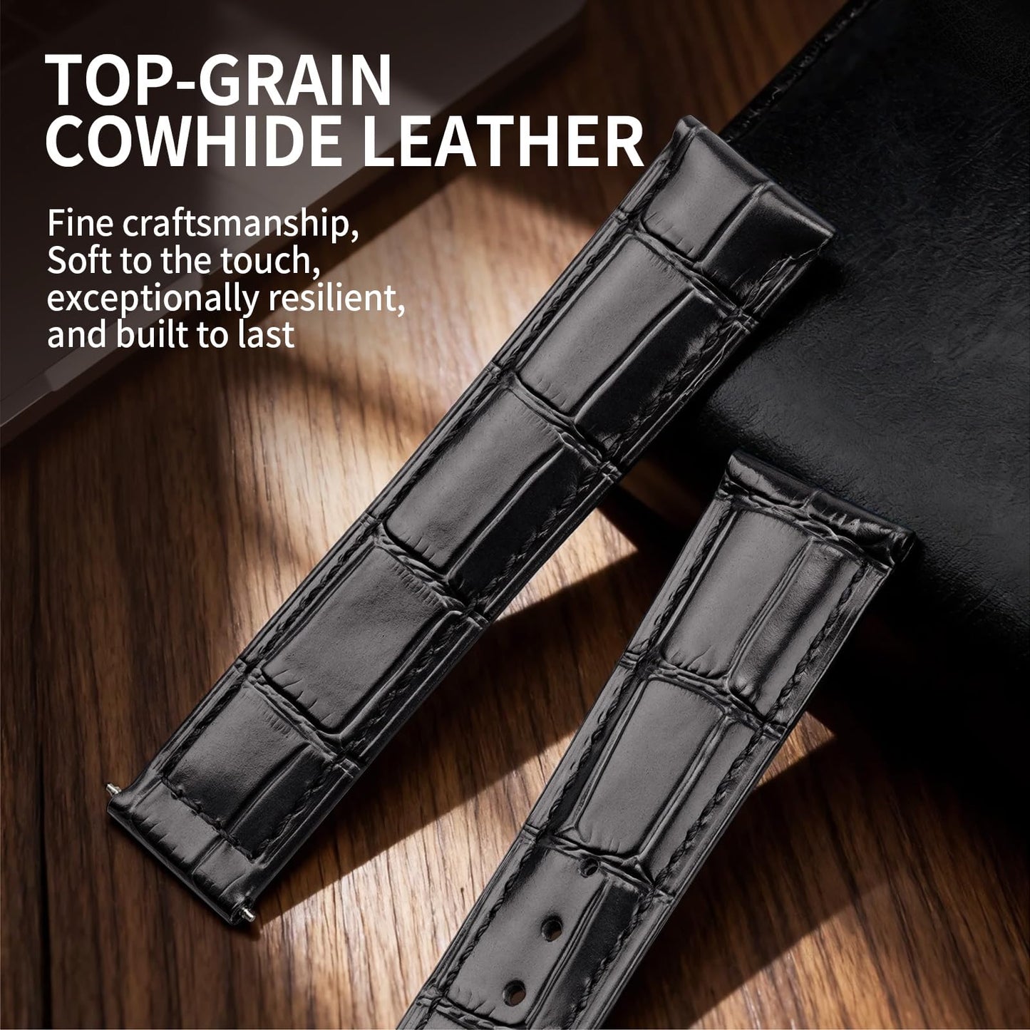 ULLCHRO Genuine Leather Watch Strap Deployment Clasp, 22mm Leather Watch Band for Men Women, Soft Ultrathin Classic Replacement, Premium Cowhide Vintage Stylish Accessory (20mm, Black)