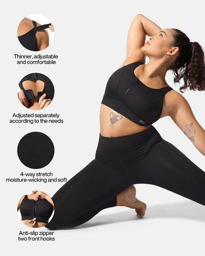 VFUS Adjustable High Impact Sports Bras for Women Zip Front Full Coverage and Lift Padded Compression Tops (XX-Large, Black)