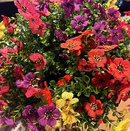 Artificial Faux Hanging Plants Flowers Basket for Summer Autumn, Colorful Daisy Flowers Eucalyptus UV Resistant Look Real for Outdoor Outside Porch Decoration