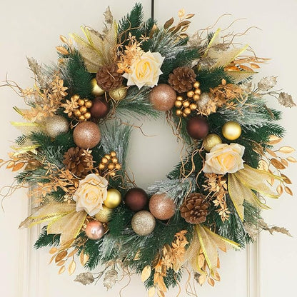 Christmas Wreaths for Front Door with Lights Pre-Lit 24 Inch Champagne Gold Door Wreath with Ball Ornaments, Rose Battery Operated Holiday Thanksgiving Christmas Wreath Decor
