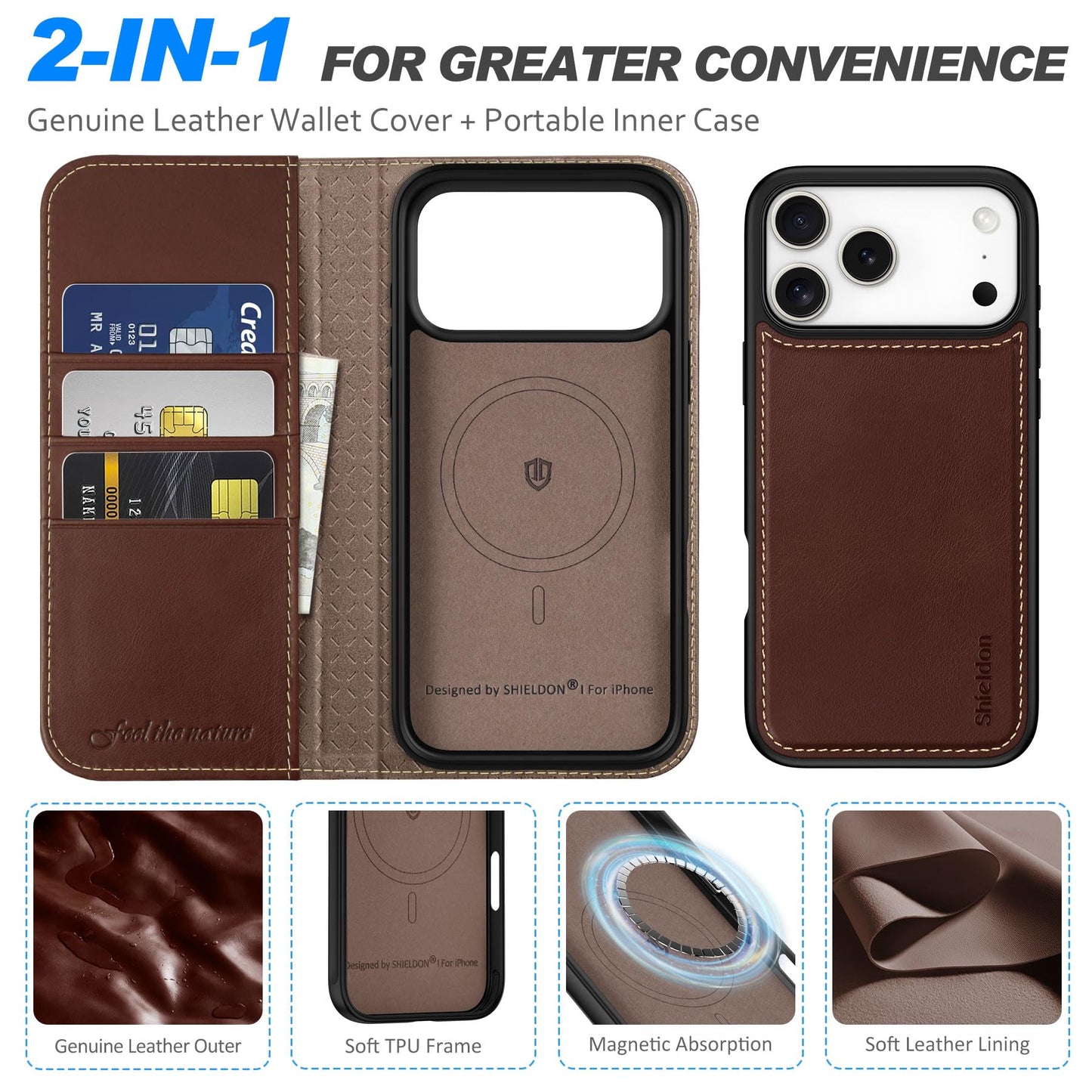 SHIELDON Detachable Leather Wallet Case for iPhone 17 Pro Max 6.9" 2025 | Wireless Charging, Removable Flip Magnetic Cover, RFID Blocking Credit Card Holder, Kickstand, Full Protection - Retro Coffee