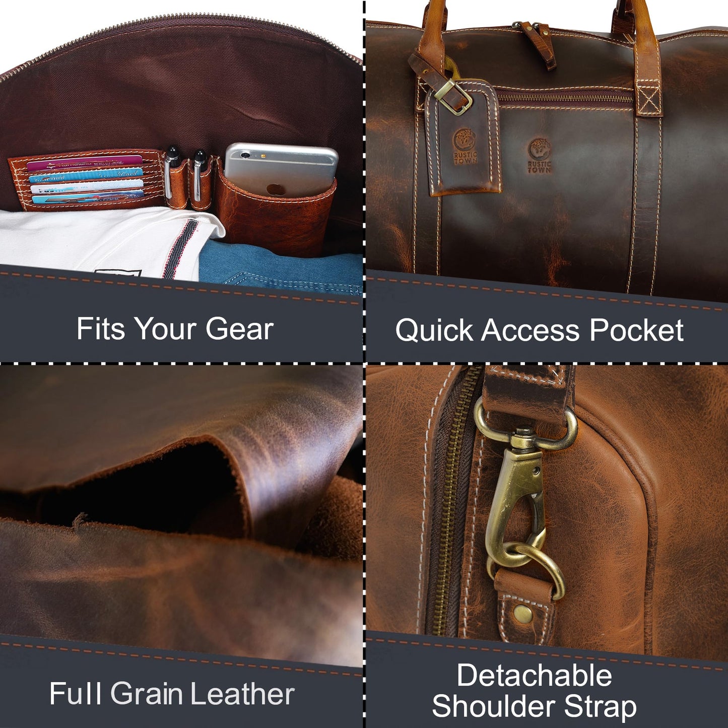 24" Leather Duffle Bag for Men and Women, Full Grain Leather Travel Overnight Weekender Sports Gym Carry On Duffel Bag by Rustic Town (Antique Brown)