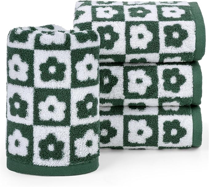 Jacquotha Cotton Hand Towels Green Checkered Floral