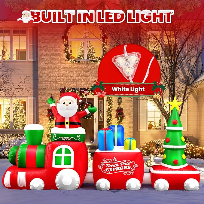 11 FT Deluxe Christmas Inflatables Train with Santa Claus, Gift Box, Christmas Tress, Built-in LED Lights, Blow Up Lovely Train Carriage for Christmas Party Holiday, Outdoor Garden Lawn Yard Decor
