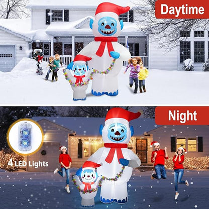 8FT Christmas Inflatables Yeti Family with Santa Hat, Christmas Blow up Yard Decoration Inflatable Snowman Monster Built-in 4 LED for Christmas Decorations Outdoor Indoor Xmas Gifts