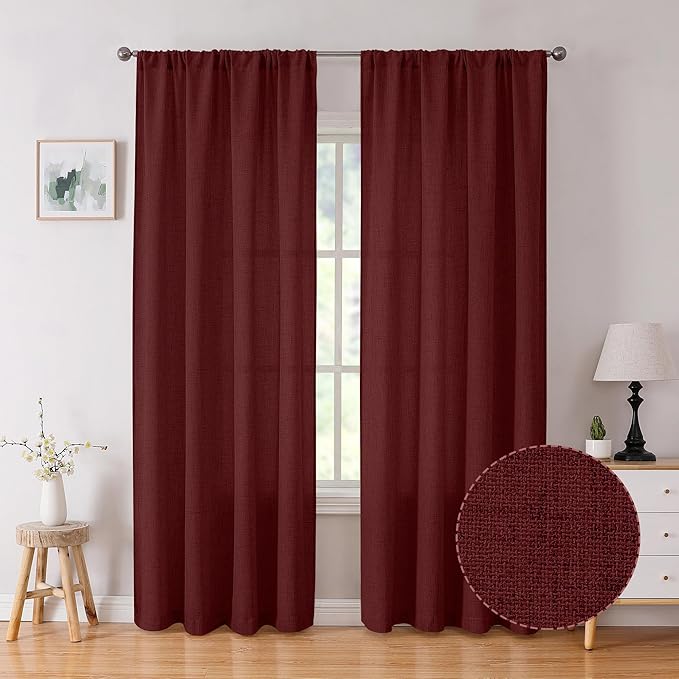 Tollpiz Linen Curtain Living Room Rod Pocket Semi Sheer Curtains Burlap Light Filtering Thick Linen Drape for Bedroom, 54 x 72 inches Long, Burgundy Red, Set of 2 Panels