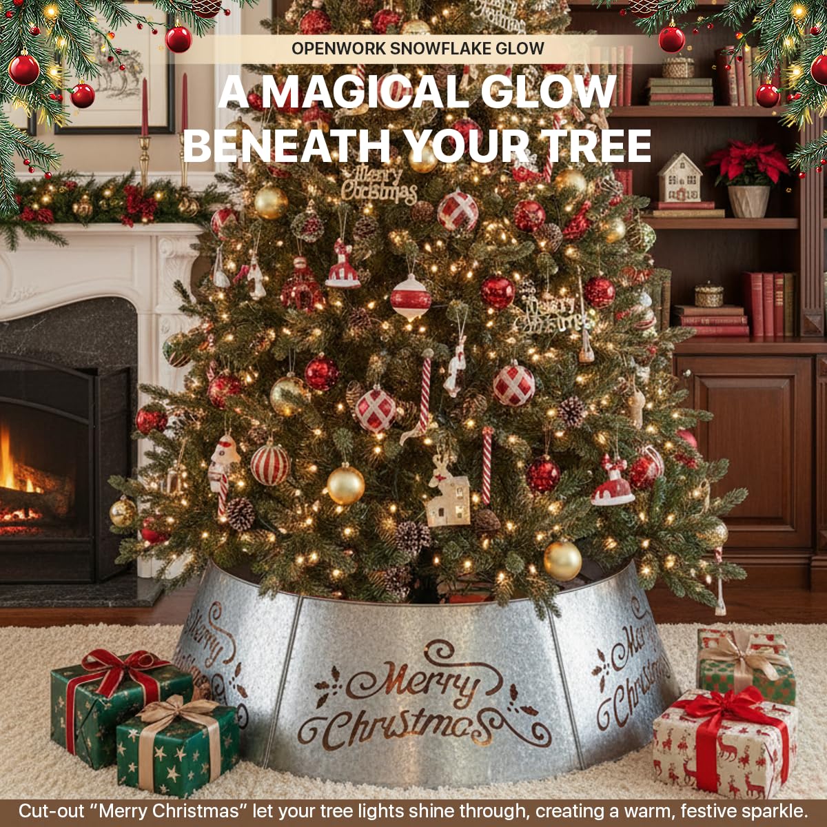 WKHOMEDECO 35.5" Large Metal Christmas Tree Collar - Christmas Tree Collars for Artificial Trees, Metal Tree Collar with Laser-Cut Merry Christmas Pattern,Extra Wide Adjustable & Pet-Safe (Galvanized)