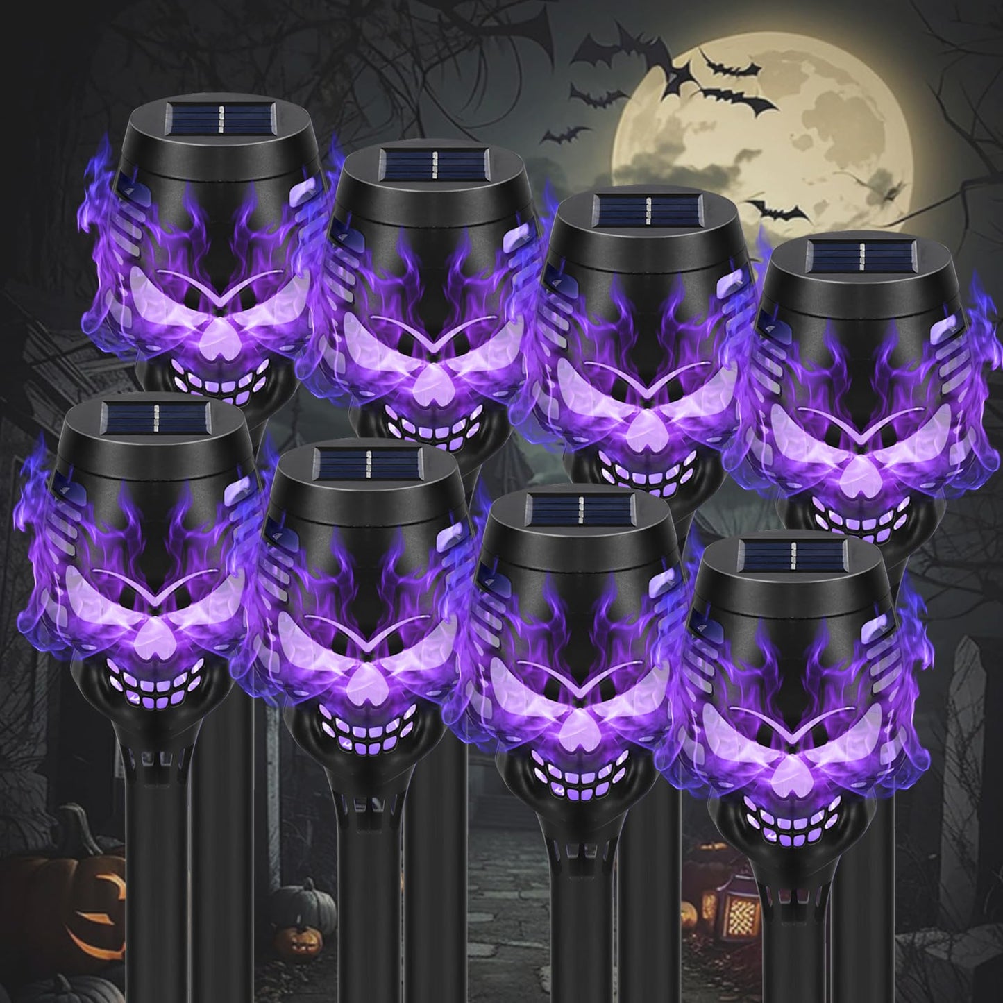 Solar Halloween Decorations Outdoor, 8 Pack Spooky Skulls Solar Torch Flame Lights, Waterproof Pathway Halloween Lights for Garden, Yard, Lawn, Porch, Landscape Decor, Purple