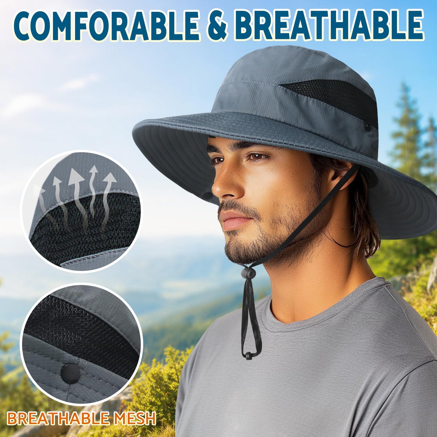 PFFY Sun Hats for Men Women Wide Brim Bucket Hat UPF 50+ Outdoor Beach Hiking Fishing Hat Darkgrey