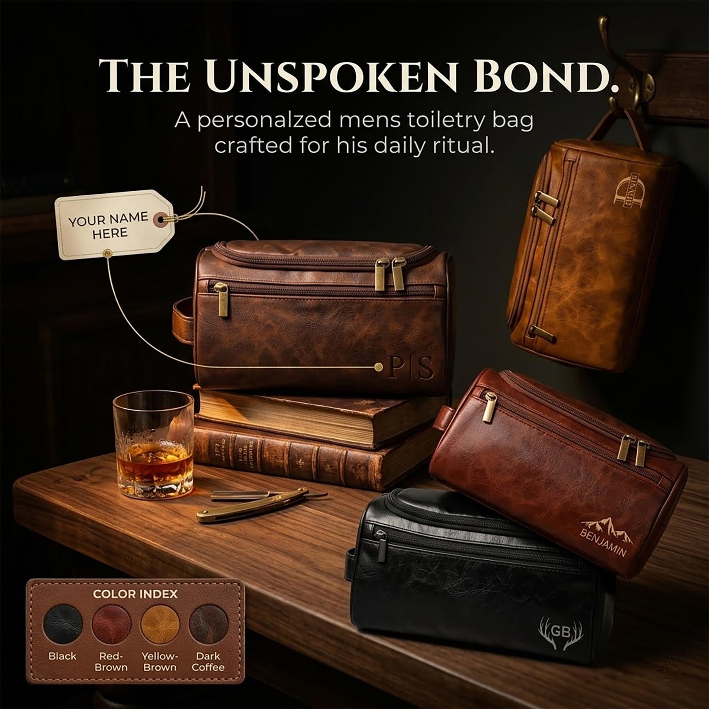 Ayperoad® Personalized Leather Toiletry Bag for Men, Custom Engraved Hanging Mens Toiletry Travel Bag, Groomsmen Gift for Dad Husband Boyfriend (Coffee)