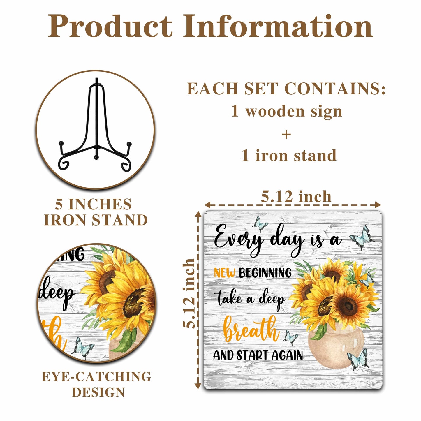 Motivational Gifts Wood Decor Sign, Inspirational Sunflower Wooden Rustic Farmhouse Decor with Stand for Home Desk Tabletop Shelf Decorations (A12)