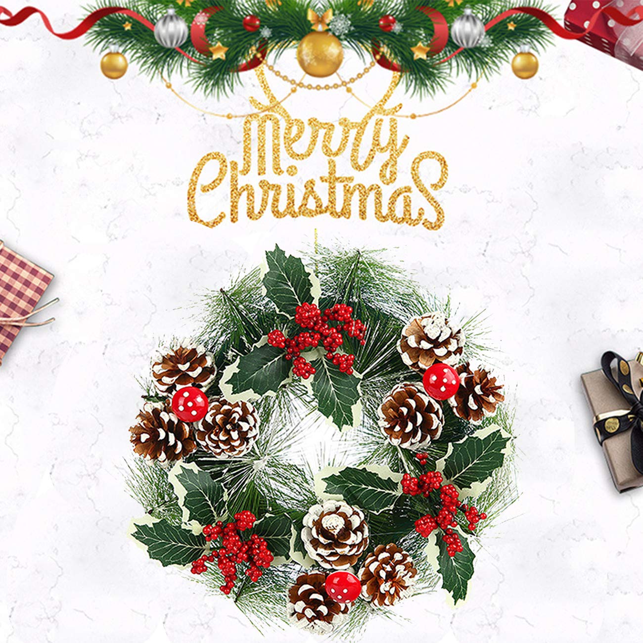 Acronde 12” Christmas Wreath Berry Handmade Floral Front Door Rustic Wreath Flocked with Mixed Decorations Christmas Decorations