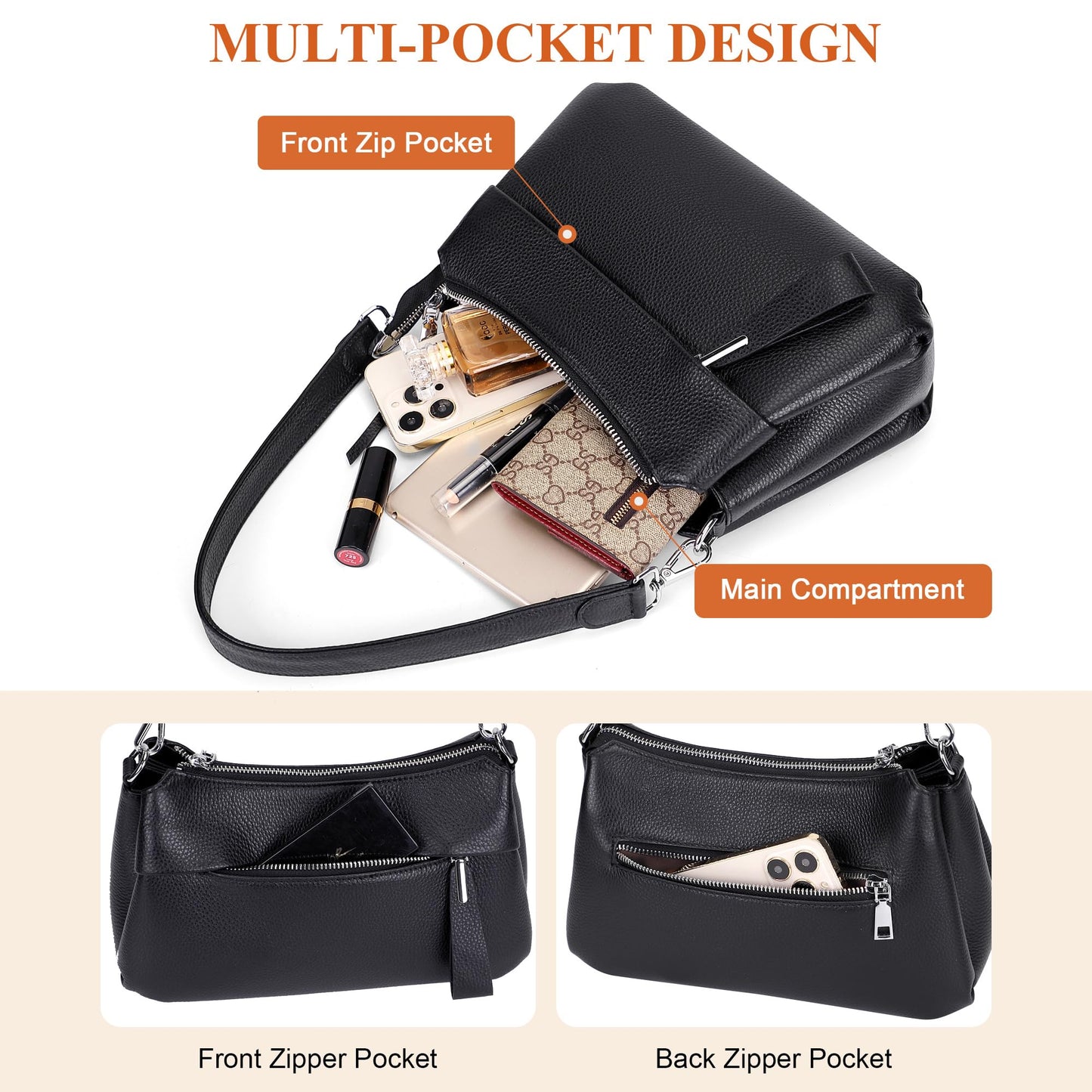 Over Earth Genuine Leather Handbags for Women Crossbody Purse Ladies Small Hobo Shoulder Bag(O111-2E Black)