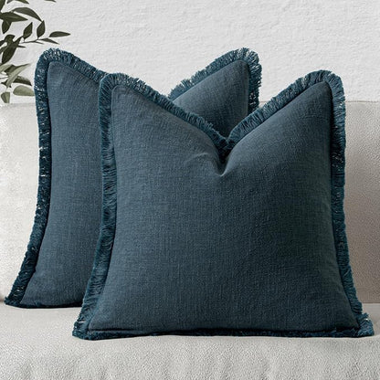 MIULEE Decorative Throw Pillow Covers Neutral Linen Fringe Throw Pillows Euro Shams Set of 2 Navy Blue Boho Farmhouse Cushion Covers for Couch Sofa Bed Living Room Spring Home Decor 26x26 Inch