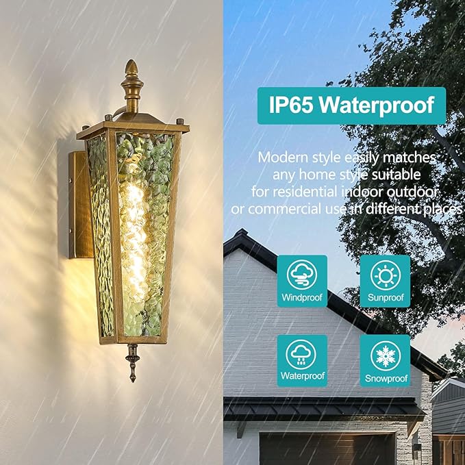 Outdoor Wall Light,Vintage Gold E26 Base 16.7in - Exterior Waterproof Lantern Metal with Green Glass,Farmhouse Porch Sconce Wall Mount Lighting,for Garage,Patio,Front Door,Entryway