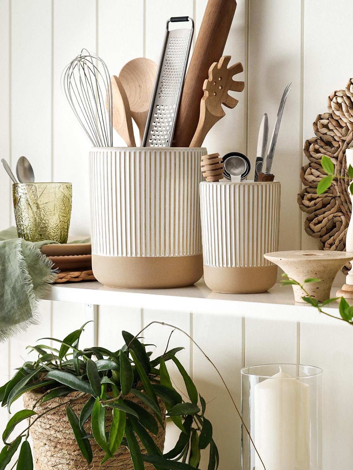 LE TAUCI Ceramic Kitchen Utensil Holder Set of 2 - 6.9"+5.3" Large Cooking Utensil Crock & Organizer for Spatula, Spoon, Whisk - Farmhouse Countertop Storage, Cream Beige, Line