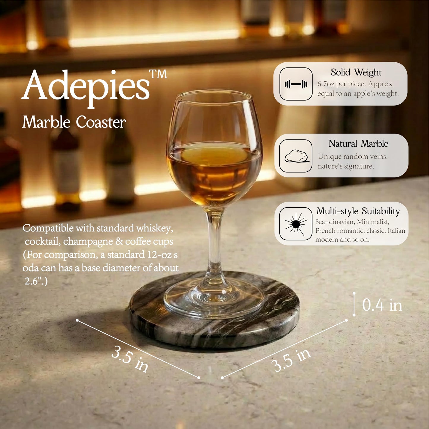 Adepies 3.5" Round Marble Coasters Set of 6, Black Natrual Water-Resistant Stone Drink Pads, Handmade Polished Cup Mats, Non Slip Backing, Office Bar Coffee Table Decor, New Home Housewarming Gifts