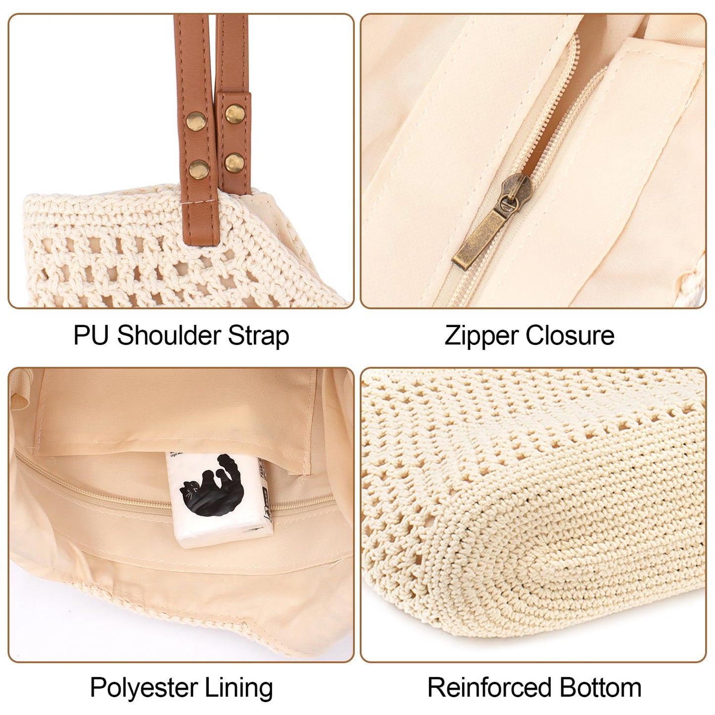 Peicees Crochet Beach Bag Purse, Boho Woven Tote with Leak-Proof Lining For Summer Vacation Travel Casual Shoulder Bag Soft
