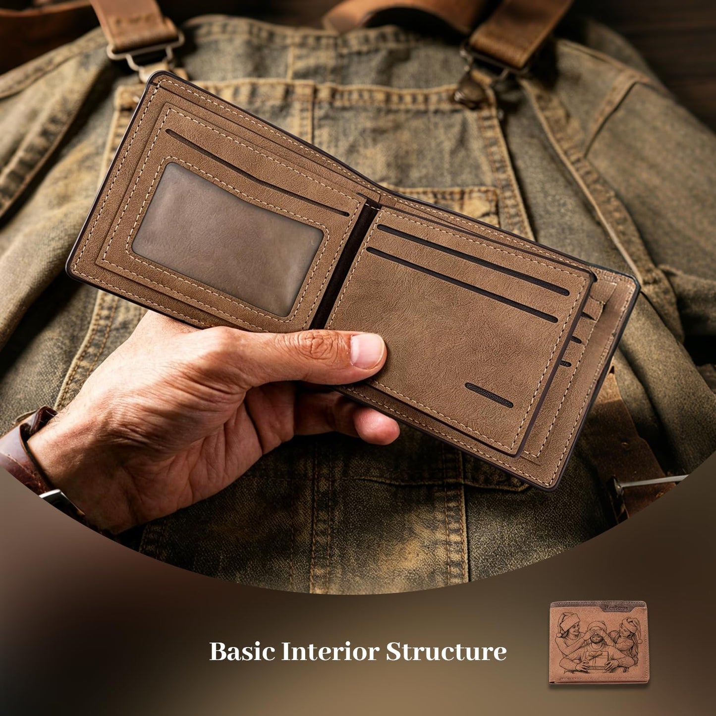 YVD Personalized Wallets for Men, Custom Photo Picture Engraved Bifold Wallet, Premium PU Leather Mens Wallet, Anniversary Birthday Gifts for Husband Dad Him (Light Brown)