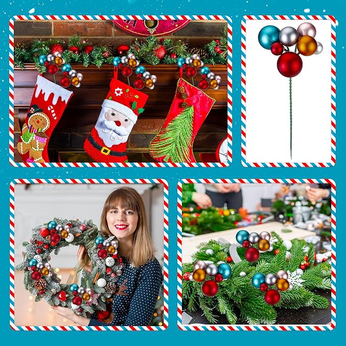 8 Pcs Vintage Christmas Tree Picks 7.87 Inch Christmas Balls Ornaments Xmas Hanging Decorations for Xmas Tree Topper DIY Wreath Holiday Floral Vase Fillers Crafts Home Decor