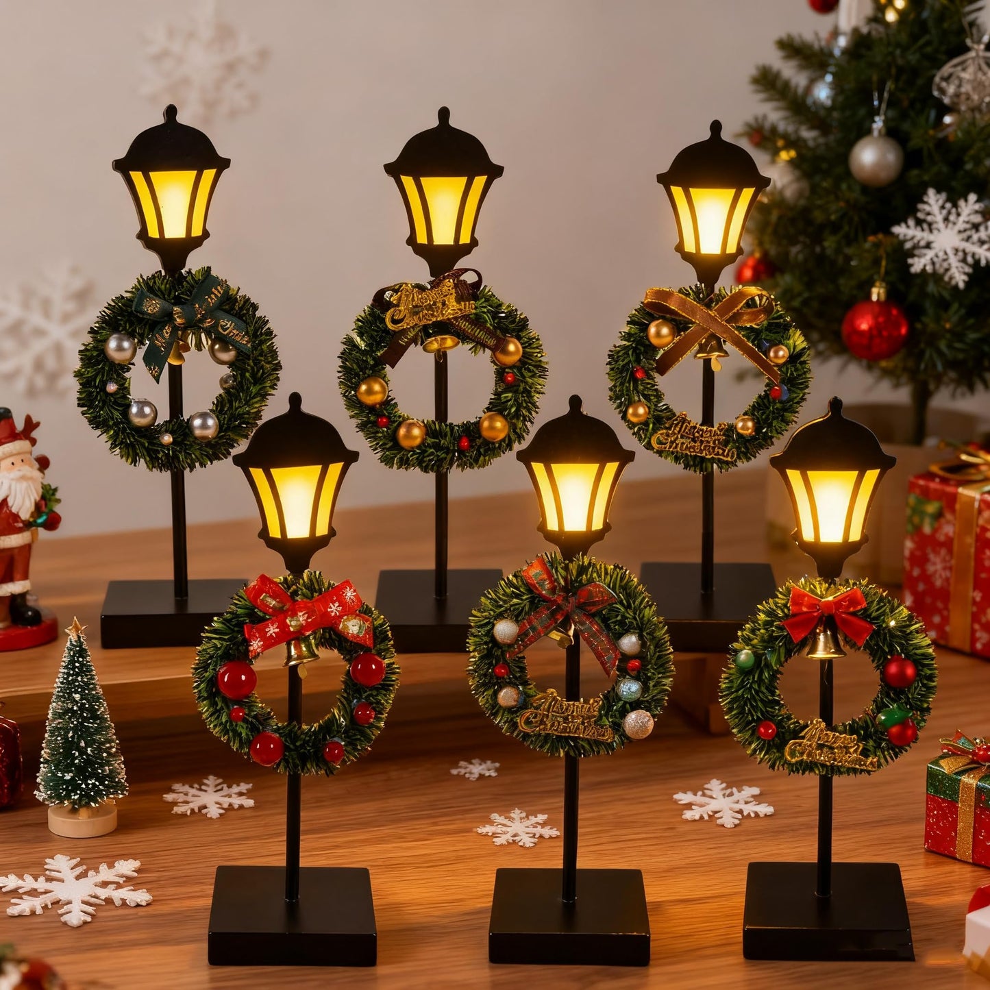 NEROSUN Christmas Table Decorations, 6Pcs Wreath and Lantern Standing Wooden Tabletop Decorations Signs, Merry Christmas Table Toppers for Xmas Home Winter Holiday Party Indoor Decor