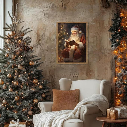 Framed Vintage Christmas Canvas Wall Art, Santa Claus Reading Book Paintings Wall Decor, Rustic Winter Holiday Pictures Prints for Living Room Bedroom Home Decoration 12×16 inch