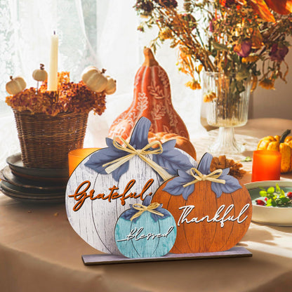 Soaoo Fall Pumpkin Table Decorations Fall Wooden Thankful Blessed Centerpiece Autumn Grateful Tabletop Decor Farmhouse Thanksgiving Harvest Pumpkin Block Signs for Party Rustic Table Shelf Decor Home