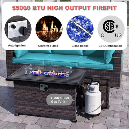 Kurapika 11 Pieces Patio Furniture Set, Rattan Wicker Outdoor Conversation Sets w/43in Propane Fire Pit Table, Swivel Rocking Chairs Patio Sectional Sofa w/4 Inch Cushion, Blue