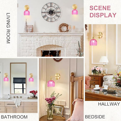 Wall Sconces Set of Two Hardwired, Vintage Sconce Light with Tulip Ruby Red Glass Lampshade, Bathroom Wall Lights with Switch, Gold Wall Light Sconces Wall Decor Set of 2