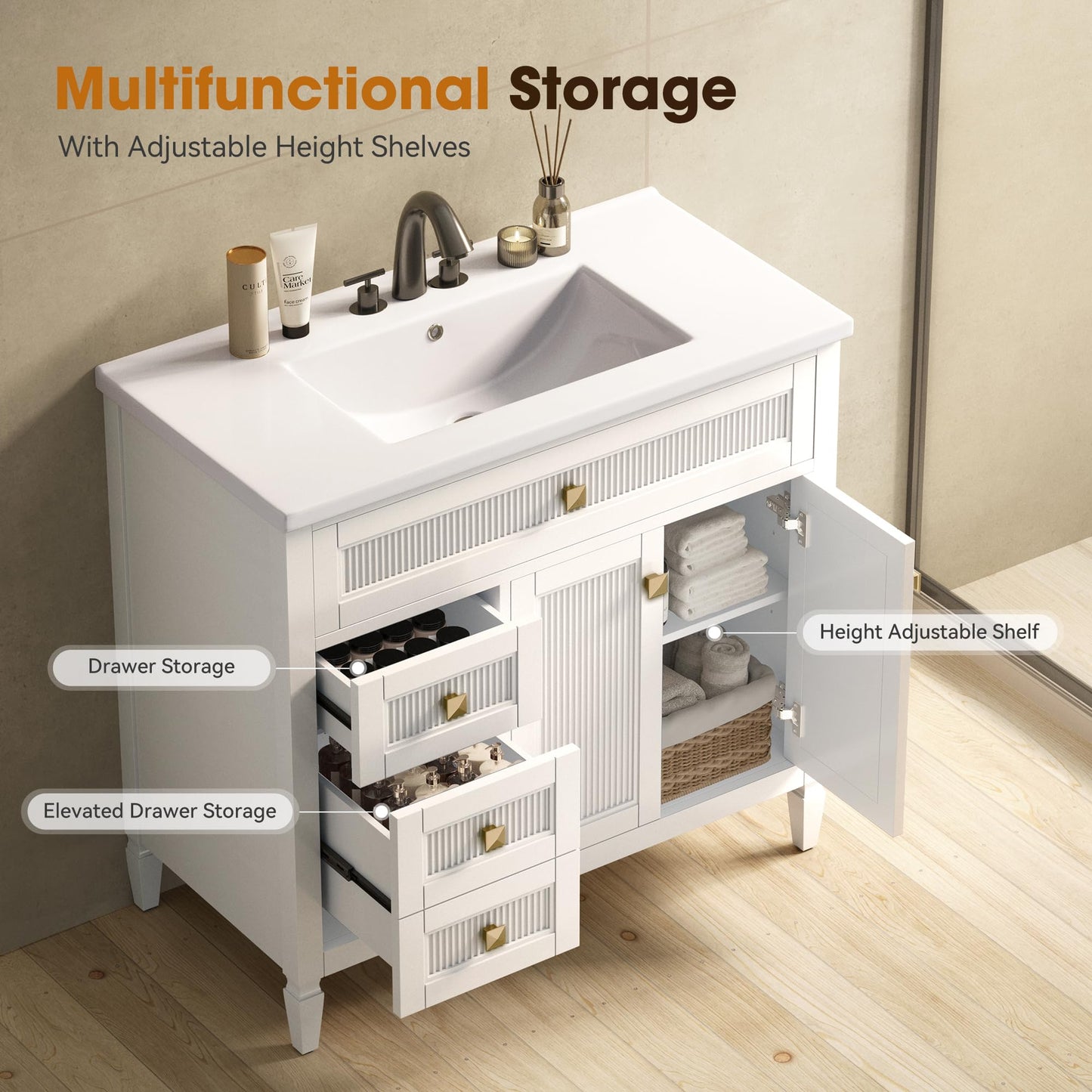 Alphabath 36 Inch Bathroom Vanity with Sink, Solid Wood Bathroom Sink Cabinet with Nano Clean Integrated Sink, Soft Closing 2 Door & 2 Drawers & Adjustable Shelf, Easy Assembly, Charcoal Blue