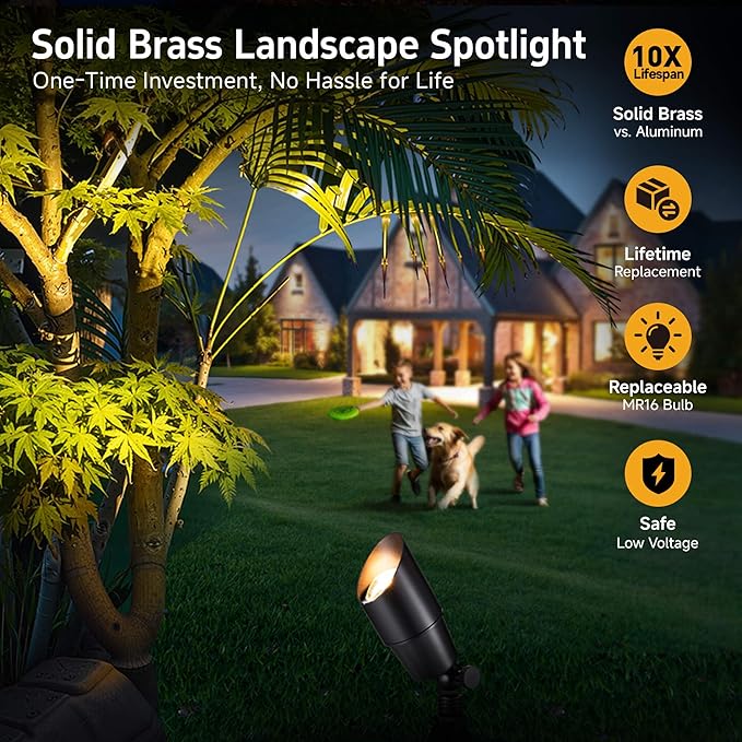 Gardenreet LED Low Voltage Spotlight - 12V AC/DC Black Outdoor Light Fixture, Brass Landscape Lights Hardwired, Weather Proof for Wall Wash Flag with Cool Light MR16 Removable Bulbs (10 Pack)