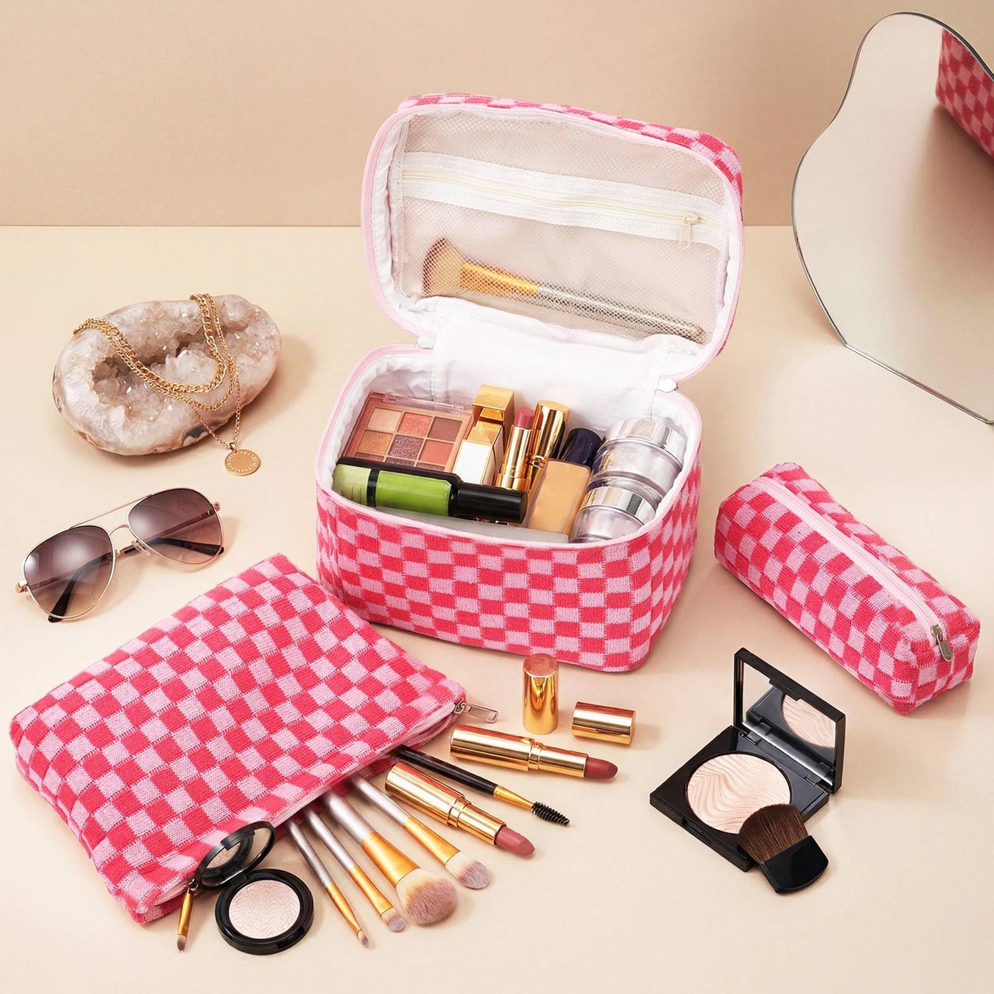 Gilprop 3 Pcs Knit Checkered Makeup Bags Zipper Cosmetic Bag for Purse Large Travel Toiletry Bag Organizer Portable Accessory Pouch Brush Bags Pencil Case for Women (Hot Pink)