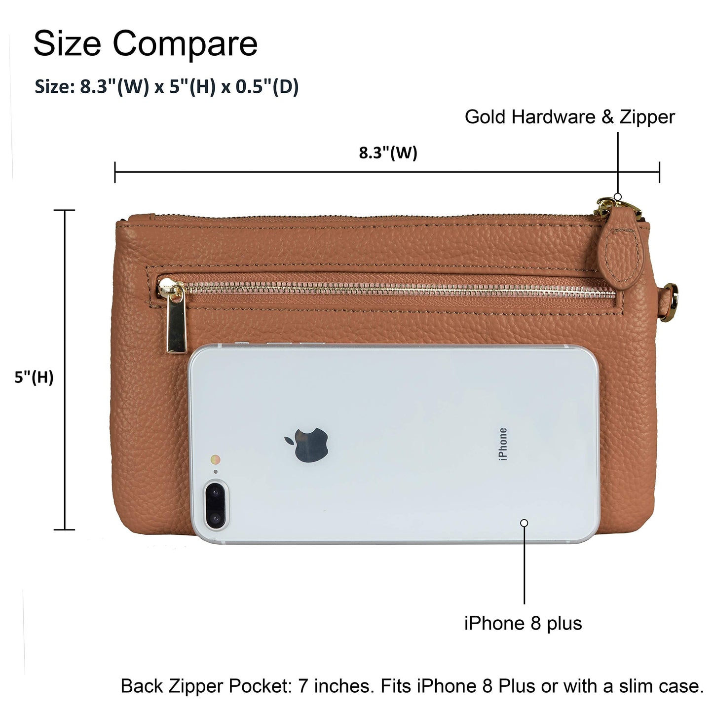 befen Women's Genuine Italian Leather Wristlet Clutch Wallet Purse, Gold Zipper (Camel)