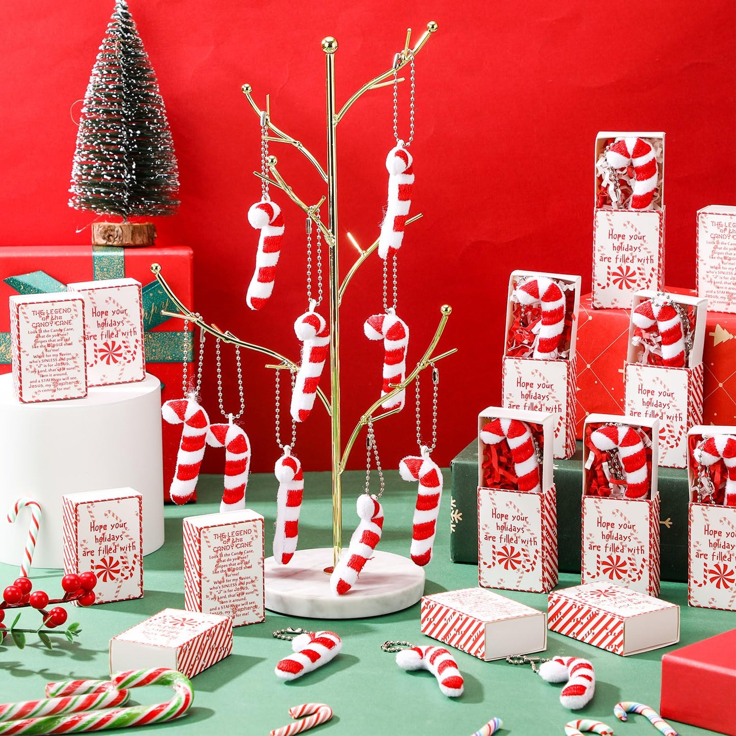 Soulchen 30 Set Christmas Candy Cane Story Gift Mini Plush Keychain with Legend of The Candy Cane Gift Box Xmas Stocking Stuffer Jesus Christian Party Favor for Church Teacher Coworker