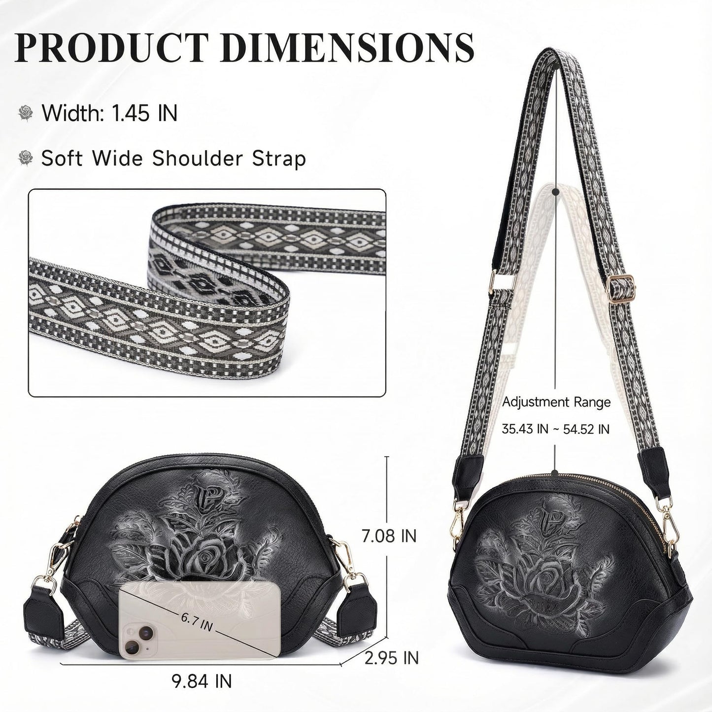 VIMUTI Embossed Rose Crossbody Bags for Women, Soft Vegan Leather Small Purse with Adjustable Wide Strap, Boho Shoulder Handbag with Multi Pockets, Lightweight Everyday Bag