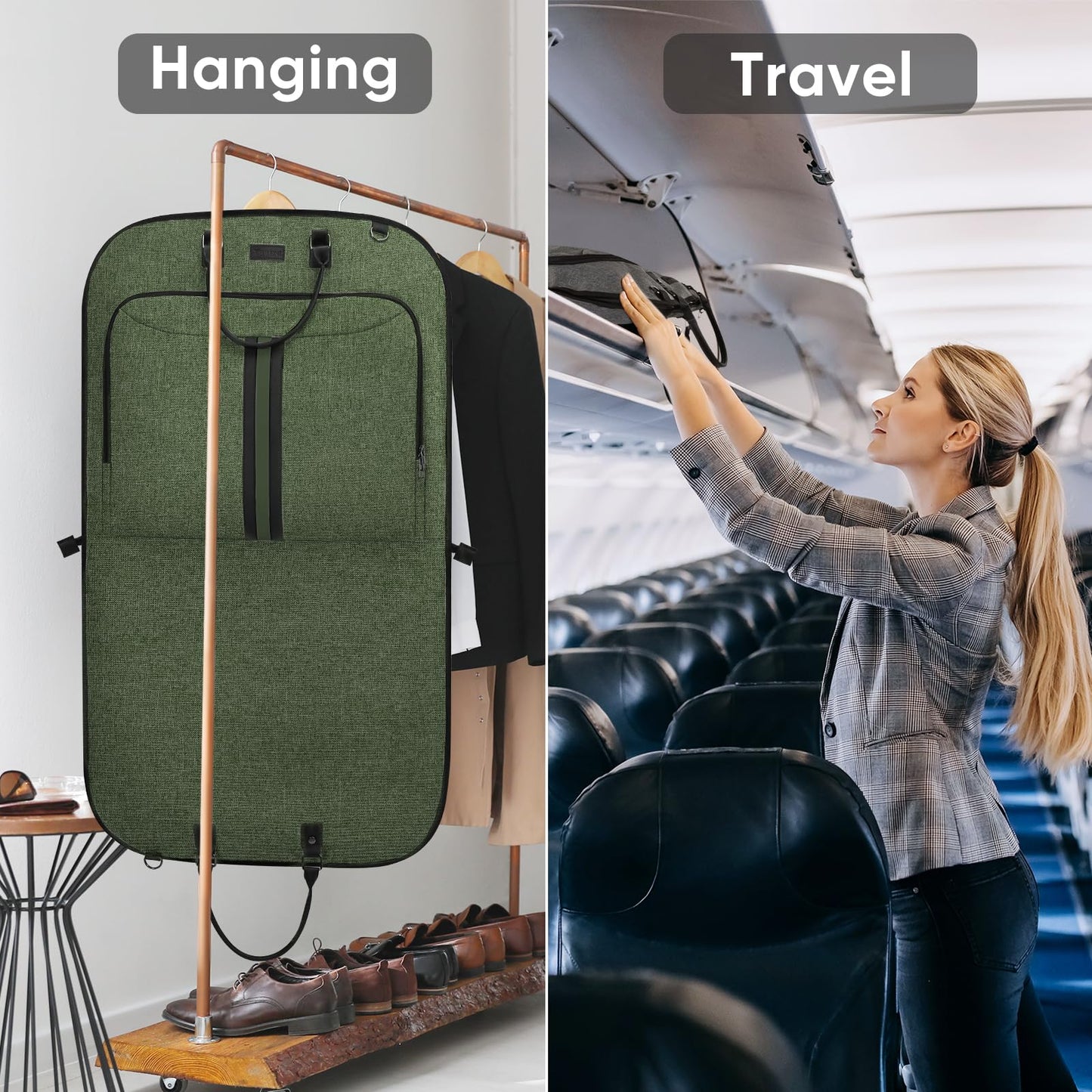 BALEINE Travel Garment Bag, Travel Suit Bag for Men, Water Resistant Carry on Garment Bag for Hanging Clothes, Garment Duffel Bag for Travel Business (Green)